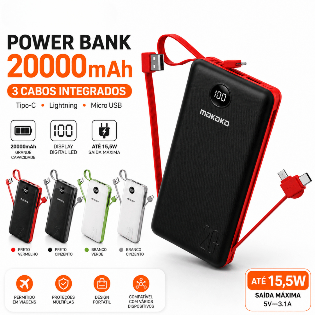 Carregador Portátil 20000mAh Power Bank com Cabos Integrados 3 em 1 USB Tipo-C Micro USB Lightning