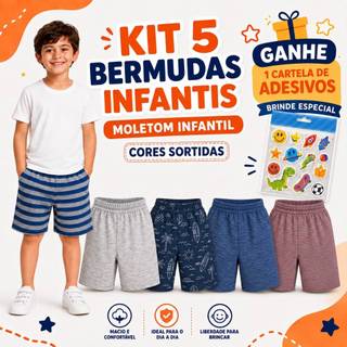KIT 5 BERMUDAS MOLETOM +BRINDE SHORTS MENINO INFANTIL JUVENIL CORES SORTIDAS TAM 4,6,8,10,12 ACABAMENTO DE QUALIDADE