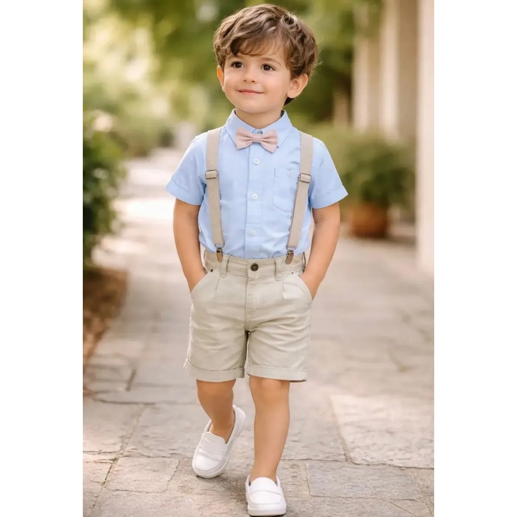 Conjunto Roupa Social Camisa Azul Bermuda Nude Infantil Formatura Casamento Festa Batizado