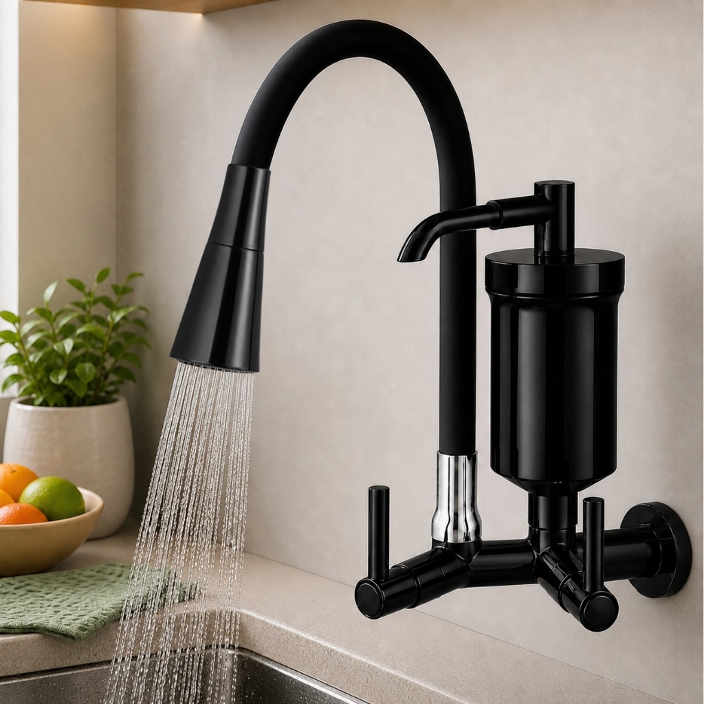 Torneira de Cozinha Gourmet Tubo Flexível 2 Jatos com Filtro sem Filtro 1/4 de Volta Preta e Cromada