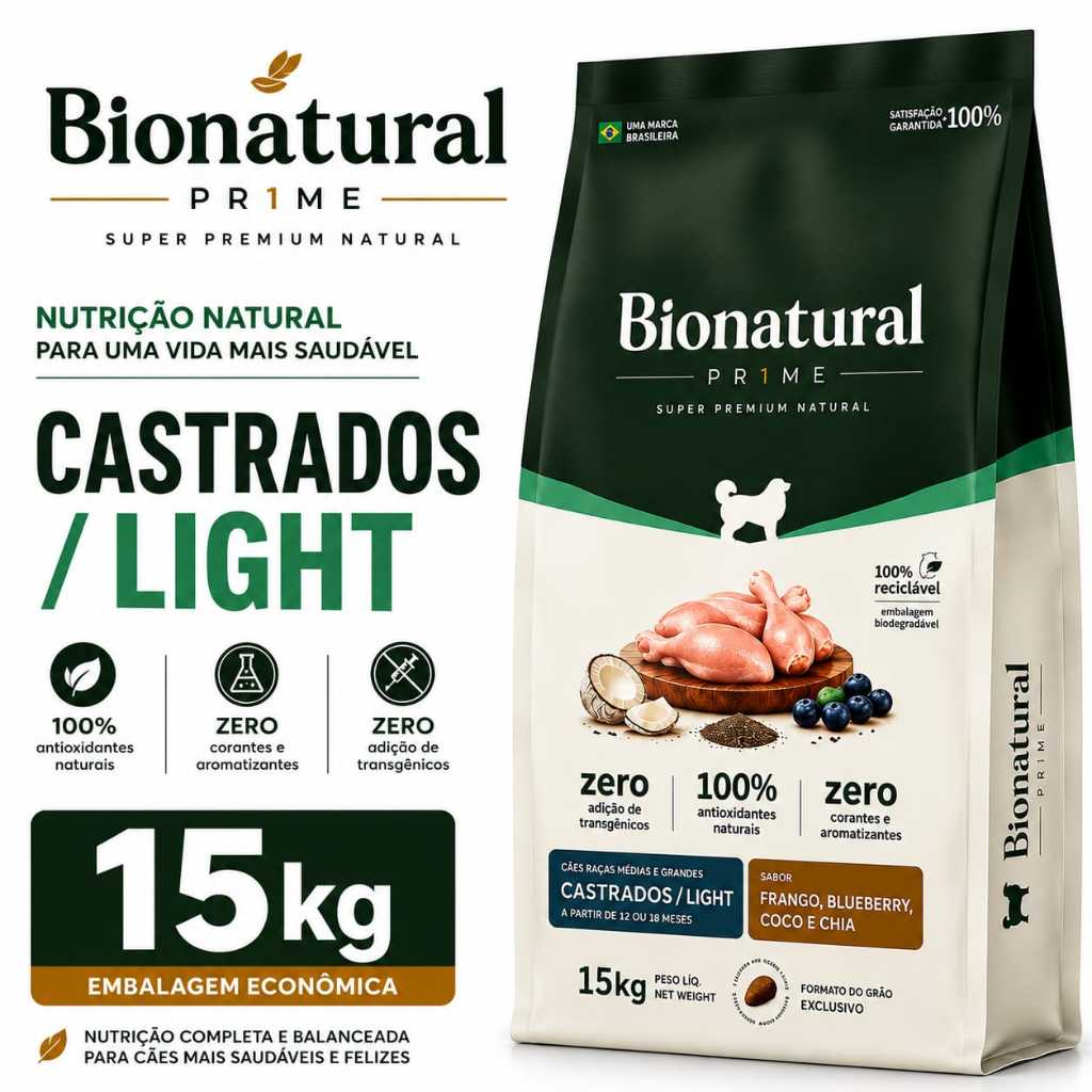 Ração Bionatural Prime Castrados / Light – Frango, Blueberry, Coco e Chia – 15 kg