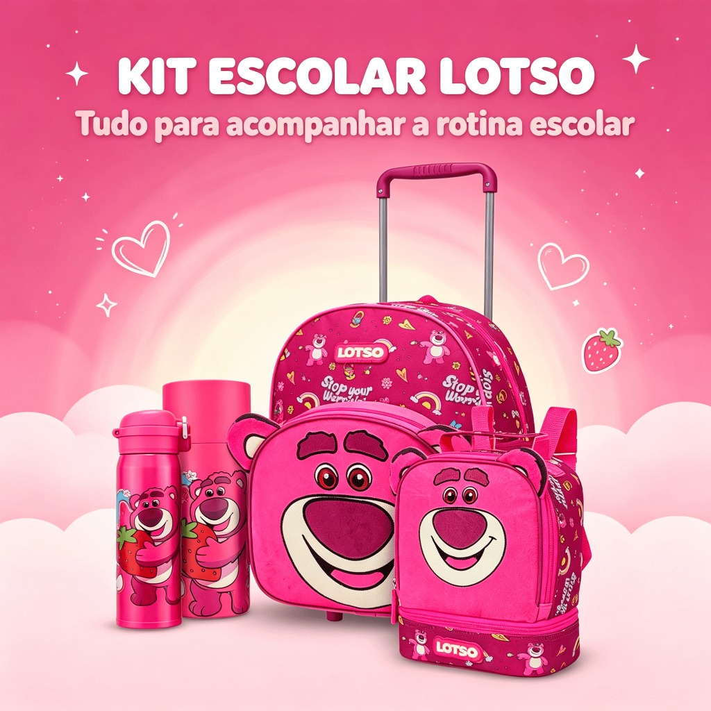 Kit Mochila Rodinhas Lancheira Garrafa Infantil Lotso Toy Story Escolar