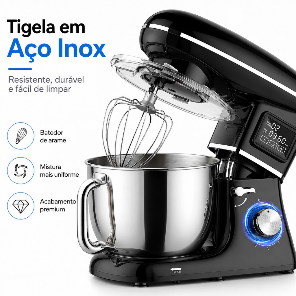 Louis Batedeira Planetária Profissional 1900W 6,2L Inox com Display LED Timer 6 Velocidades e Pulse