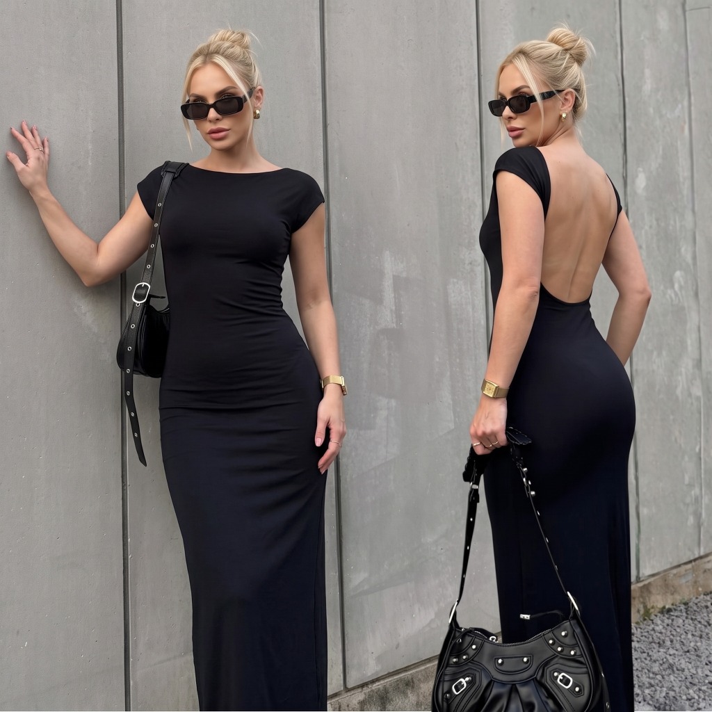 Vestido Longo Feminino Costas Nuas Tubinho Suplex Midi Elegante Casual Liso