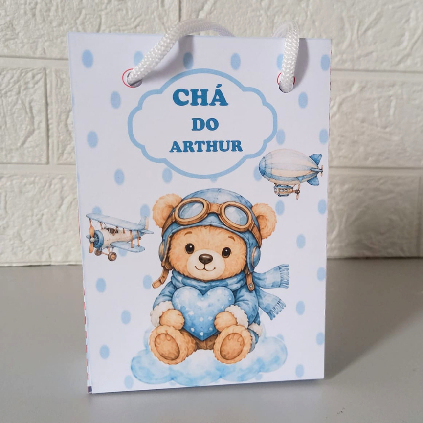 Sacolinha Ursinho Azul  Aviador Personalizada| Lembrancinhas|Aniversário|mesversário|supresa