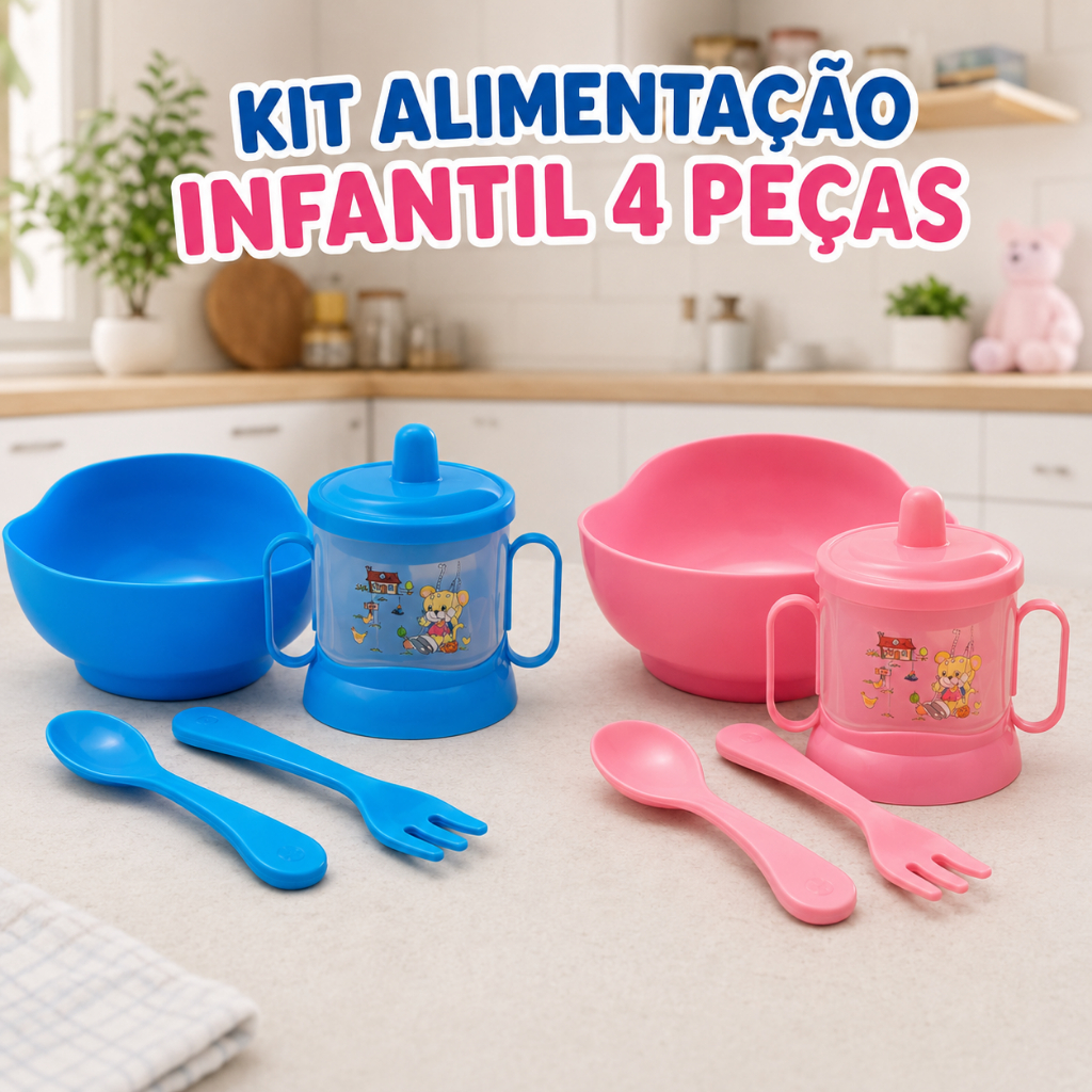 Kit Alimentação Infantil 4 Peças Copo Tigela Talheres Para Criança