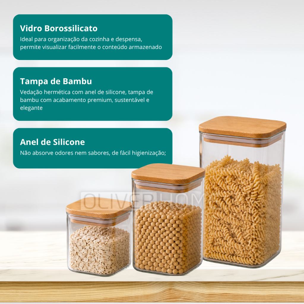 Kit 3 Potes Hermético 700/1100/1500ml De Mantimentos Quadrado Com Tampa Bambu — imagem 2 de 2