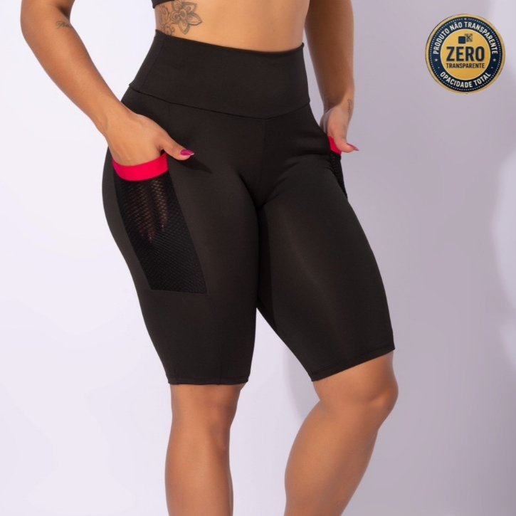 Bermuda Fitness ciclista academia Feminina Com Bolso ZERO TRANSPARÊNCIA