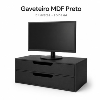 Gaveteiro MDF preto de 2 gavetas A4 e base para monitor