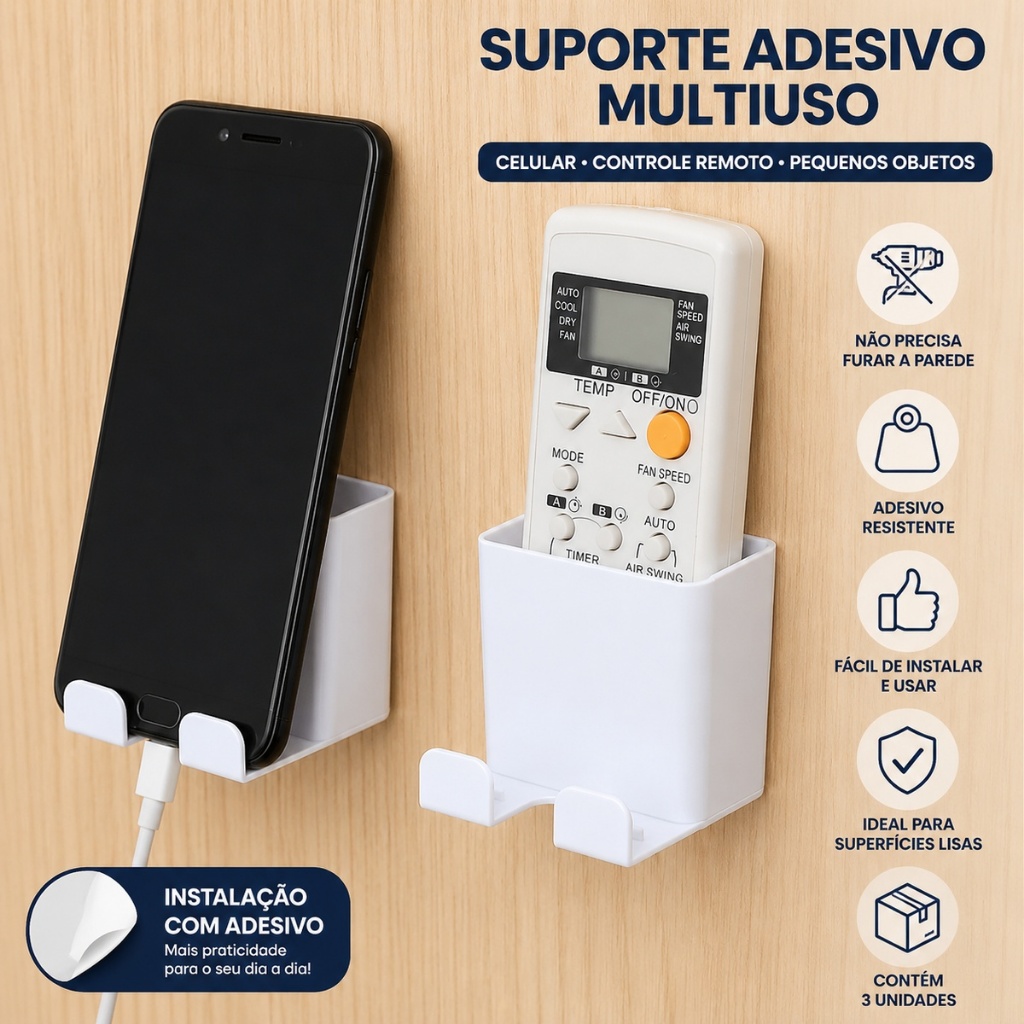 Suporte adesivo para celular multiuso de parede, organizador para smartphone, controles e pequenos objetos