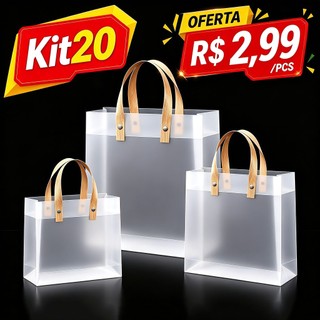 Kit 20 Sacola De Presentes Transparente Aniversário PP Fosco Premium Reutilizável Impermeável Alça Reforçada Festa Natal
