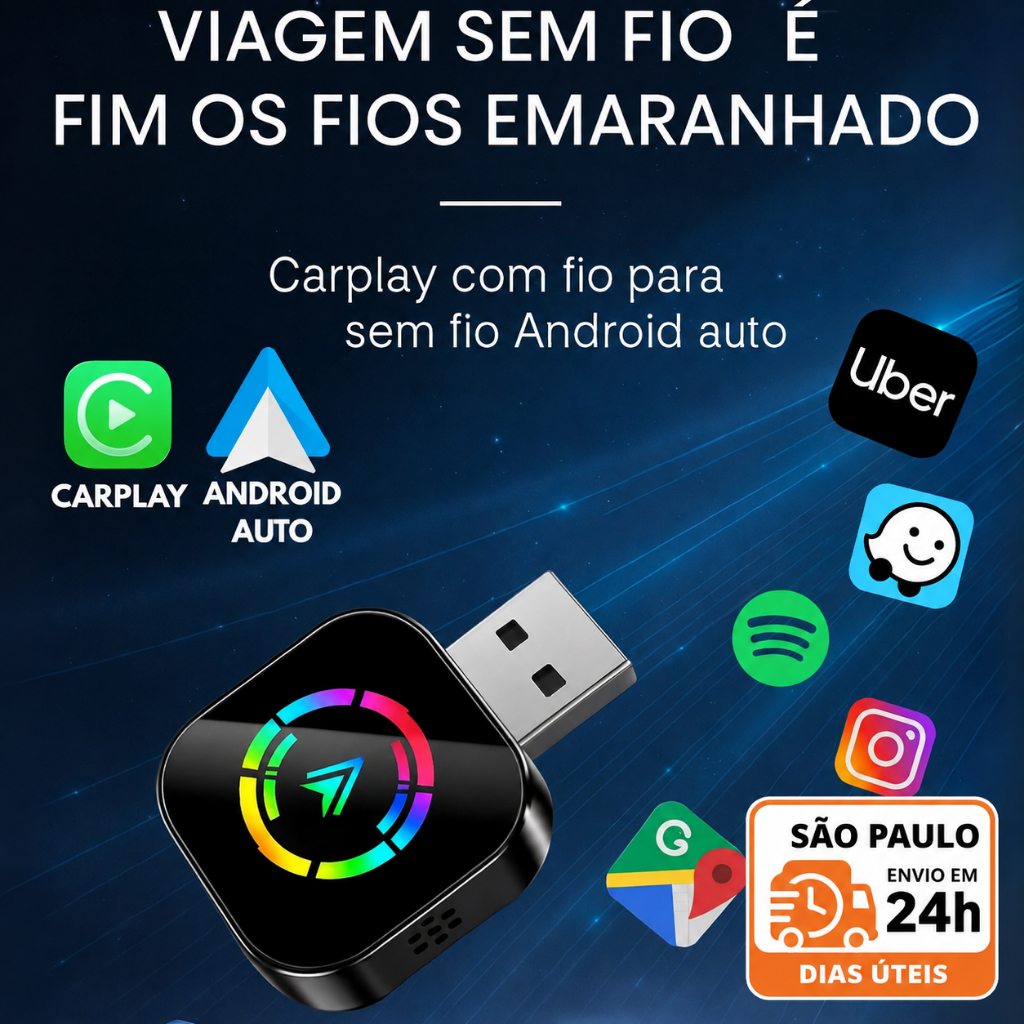 Adaptador CarPlay Android Auto Sem Fio Wireless 2 em 1 USB WiFi Plug & Play para Central Multimídia Carro