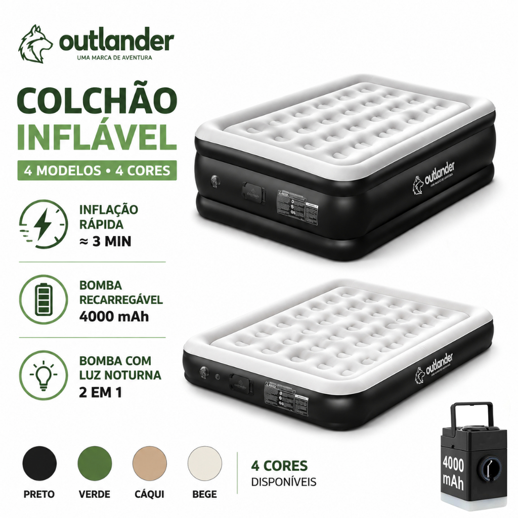 Colchão Inflável Casal Solteiro Portátil para Camping com Bomba de Ar Elétrica 4000mAh Luz Noturna