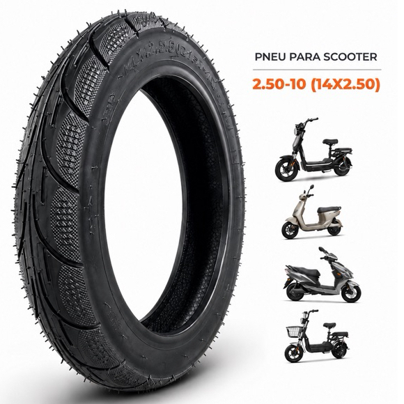 Pneu 2.50-10 Scooter Moto Elétrica E-Bike (14x2.50) Aro 10 Reforçado Tubeless Sem Câmara Shineray Tailg NXT Luna WeHawk