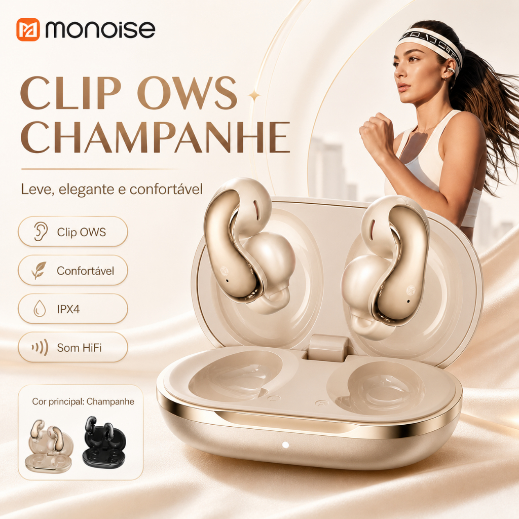 Fone De Ouvido Bluetooth Sem Fio Monoise Q8 Open Ear OWS,Microfone,Cancelamento De Ruído,Academia IPX4 Graves Leve Sport