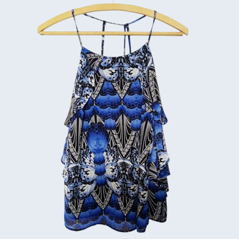 Blusa Feminina Usada Tamanho 38 Alcinha Regata Babado Triplo Estampa Azul  Brechó