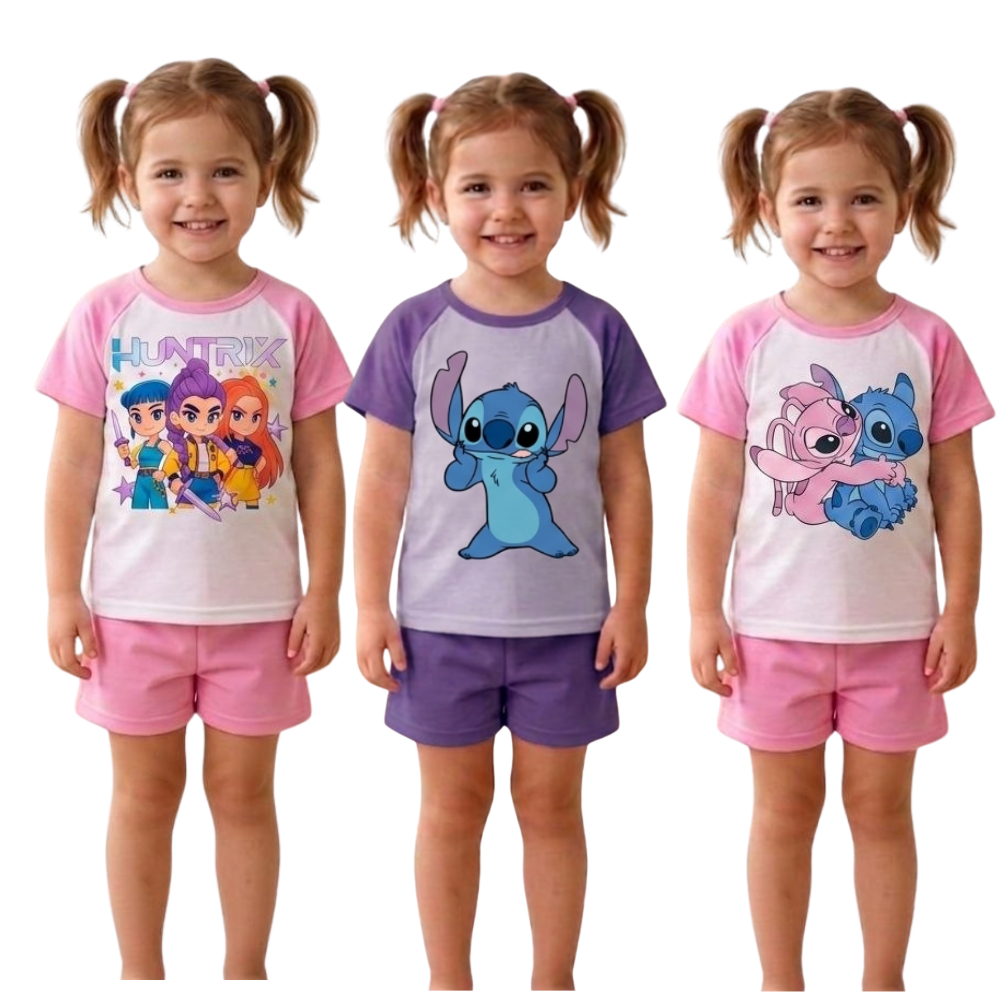Pijama Menina  Meia Manga Infantil Personagens  Baby Doll  Fresco Verão Personagens