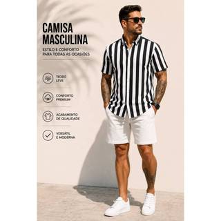 Camisa Plus Size Masculina Social Estampada listrada Manga Curta viscolinho G1-G4