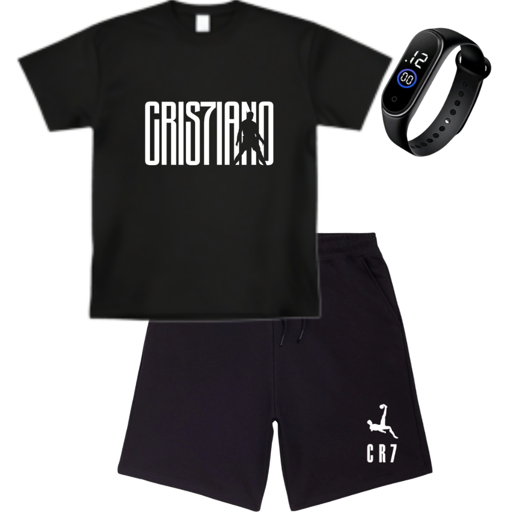 Kit Infantil Camiseta Premium e Bermuda Moletinho CR7 + Relógio de Led 4 ao 16