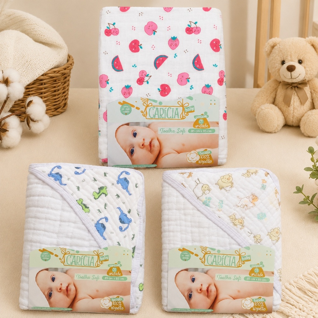 TOALHA DE BANHO BEBÊ CARÍCIA BABY FRALDA SOFT 85X85CM 2 CAMADAS 100% ALGODÃO CAPUZ AVULSA KIT 2 OU 3