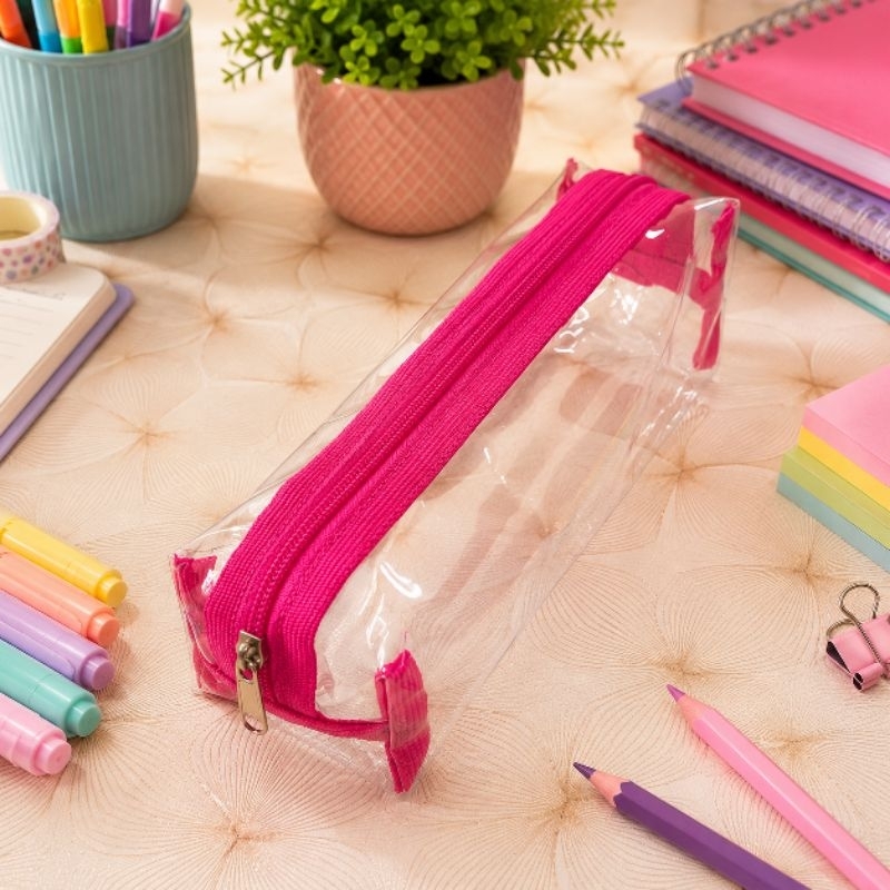 Estojo Escolar Transparente PVC Impermeável com Zíper 21cm Porta Maquiagem e Lápis