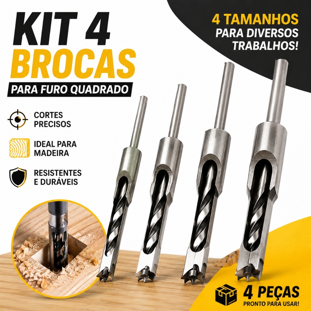 Kit 4 Brocas para Furo Quadrado em Madeira 6,4/8/9,5/12,7mm Broca para Marcenaria