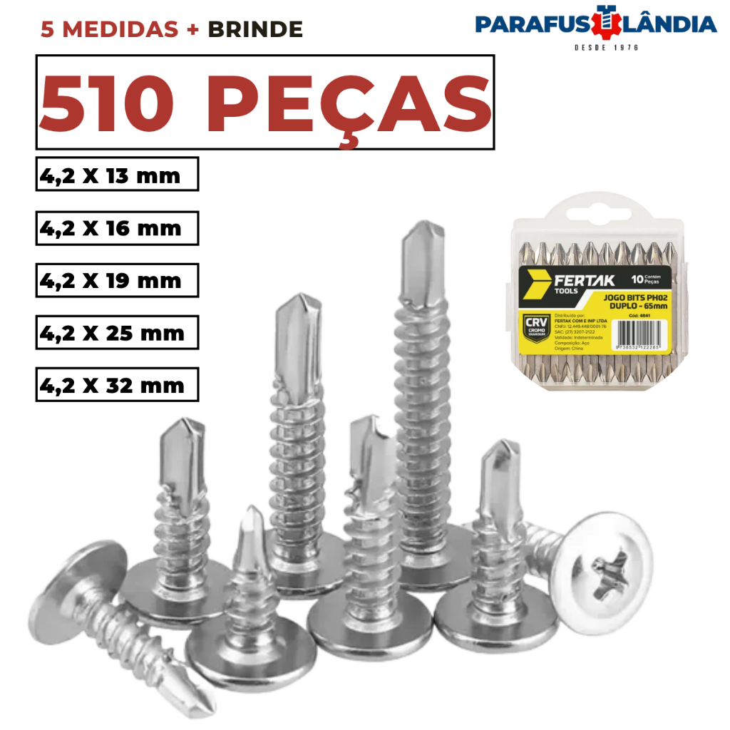 Kit Variado Parafuso Auto brocante Philips Flangeado + Brinde Jogo de Bits
