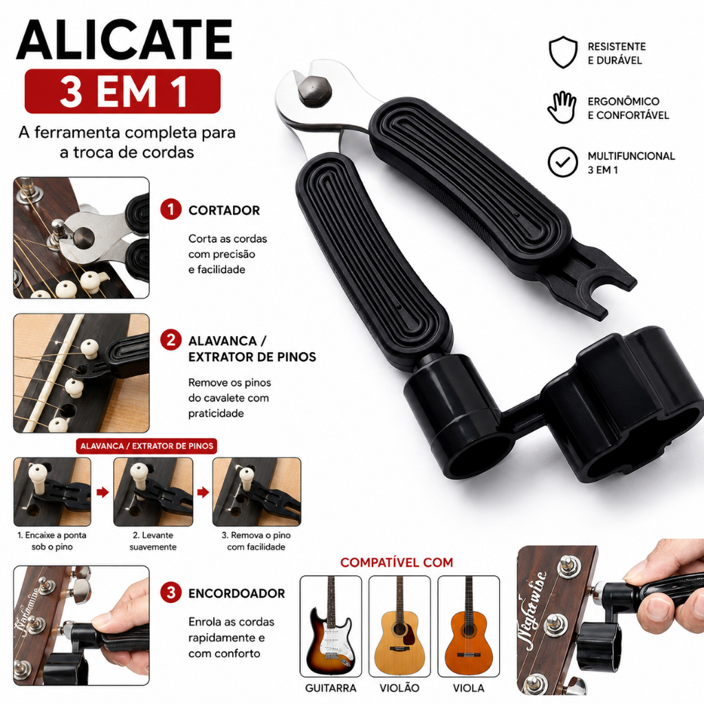 Cortador Enrolador Manivela Alavanca Alicate p/ violão guitarra cavaco viola ukulele troca de cordas fácil