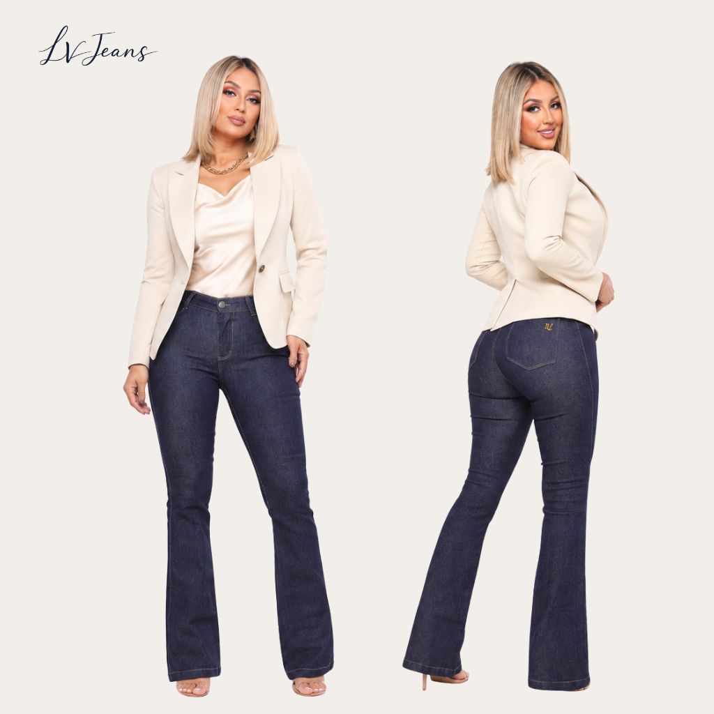 Calça Jeans Flare Boca De Sino Feminina Cintura Alta Modeladora Empina Bumbum Elastano Country