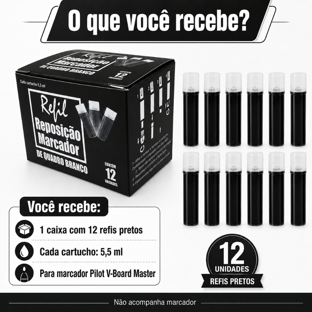 Refil Para Marcador Pincel Piloto Quadro Branco Board Master 5,5 ml Com 12 Unidades Preto