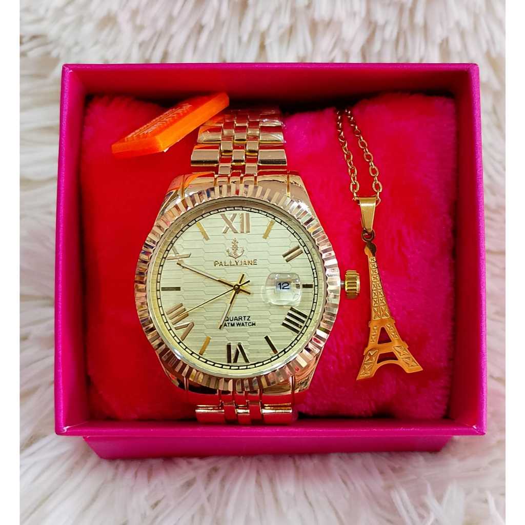 Relogio Feminino Prova D'agua com calendário + Colar Paris banho especial não enferruja Pallyjane tipo ROLEX