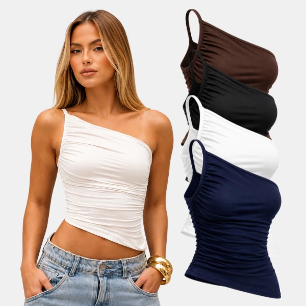 Blusa Feminina Regata de Alça Fina Manga Única Plissada Drapeada Suplex Duplo Blogueira Tendencia — imagem 1