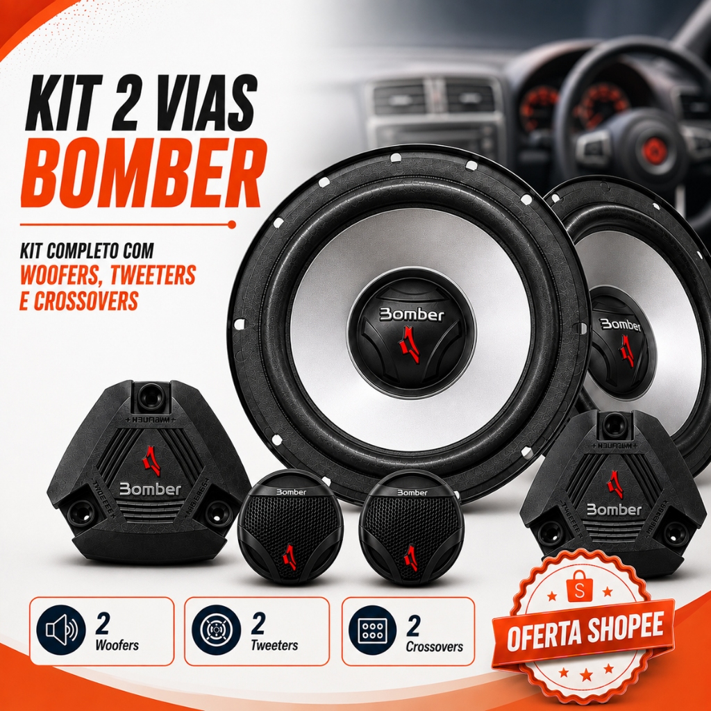 Kit 2 Vias Bomber Upgrade 6 Polegadas 200W RMS 4 Ohms 2 Woofers Tweeters e Crossovers Som Automotivo