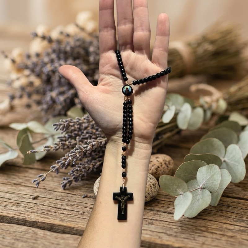 6 Terços de pulso Amadeirados Nossa Senhora Aparecida Preto 24 cm | Rosário Católico |Lembrancinhas Religiosas|Presente