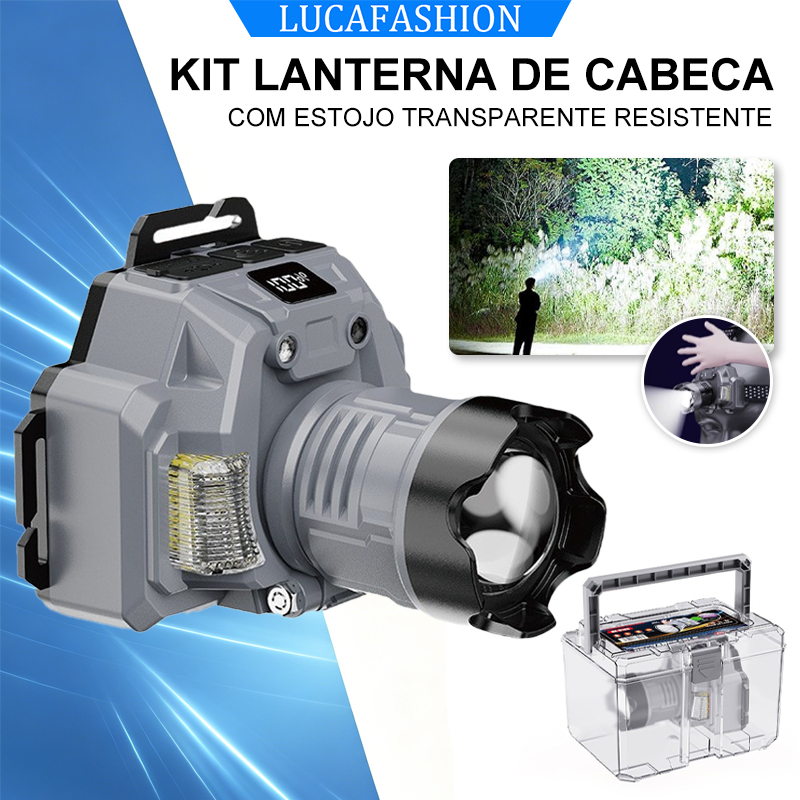 Lanterna de Cabeça LED Recarregável 1500LM com Sensor, Zoom e Estojo para Camping e Pesca