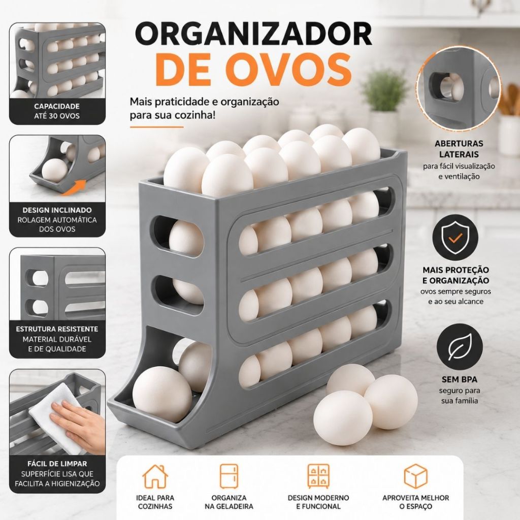 Porta Ovos 4 Andares Rolante para Geladeira Organizador Dispenser Automático 24 a 30 Ovos Plástico
