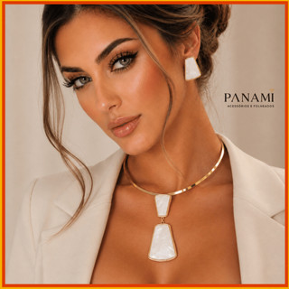 Conjunto Colar Choker + Brincos Pedra Natural Branco Leitoso Elegante Luxo Feminino Banhado a Ouro/Prata