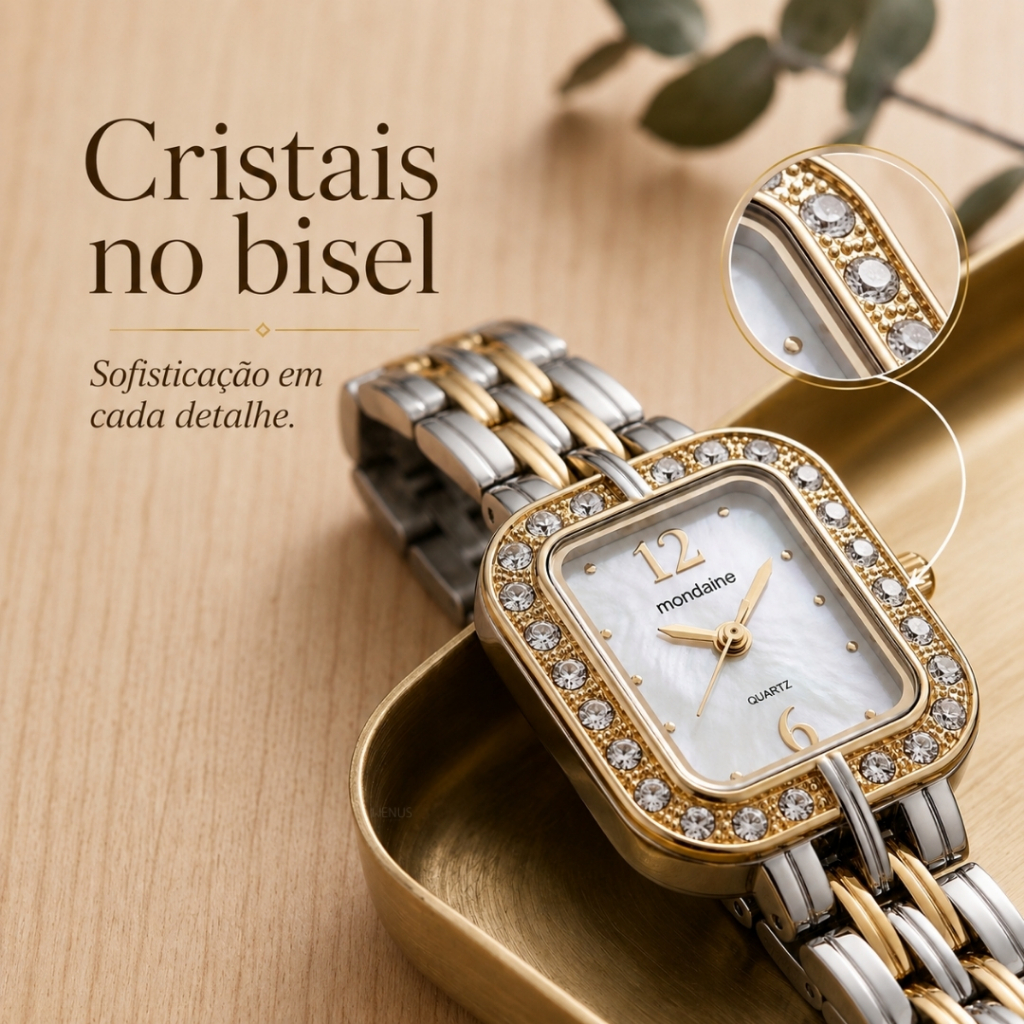 Relógio Mondaine Feminino Bicolor Dourado Prata Mini Pequeno Retangular Aço Inox Delicado Fino Luxo Delicado Original — imagem 2 de 2