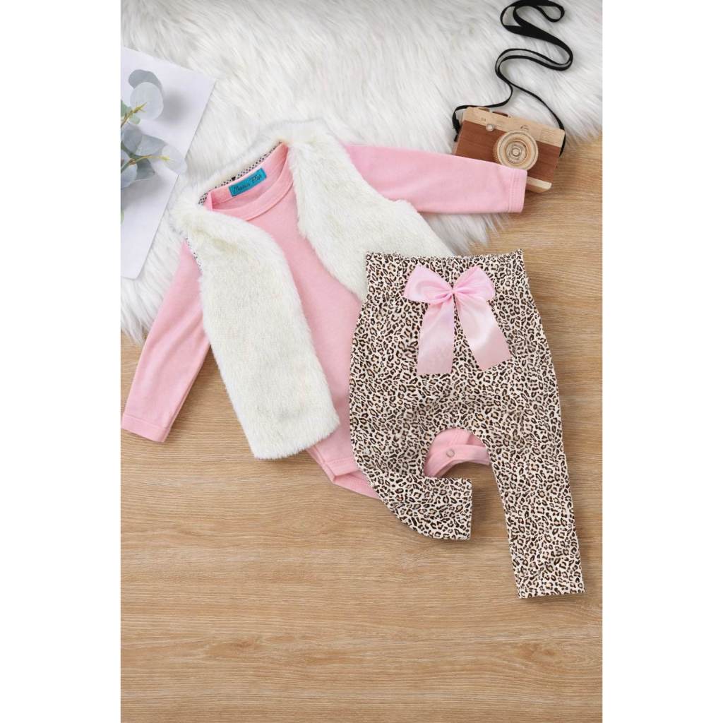 Conjunto Roupa Bebê Colete Menina Femenino Conjuntinho Frio Inverno Kit 3 Peças Roupinha  Luxo laço