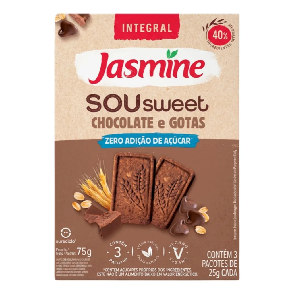 Biscoito Vegano Integral Chocolate & Gotas Zero Açúcar Jasmine Sou Sweet Caixa 75g