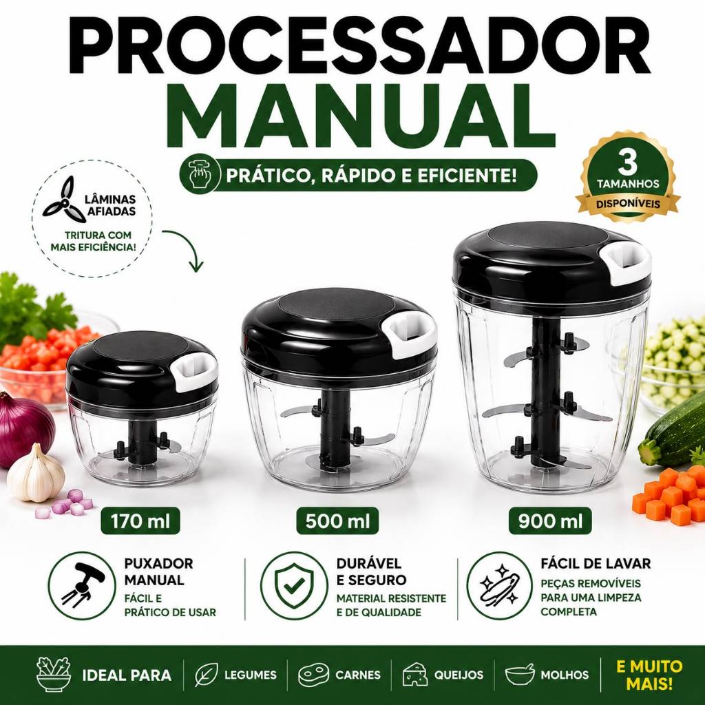 Processador Triturador Manual de Alimentos 170 ml 500ml e 900ml Alho Cebola Legumes