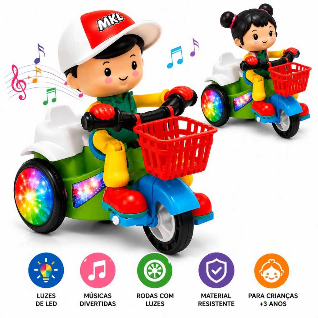 Brinquedo Boneco Empina Gira 360 Bicicleta Musical Som e Luz