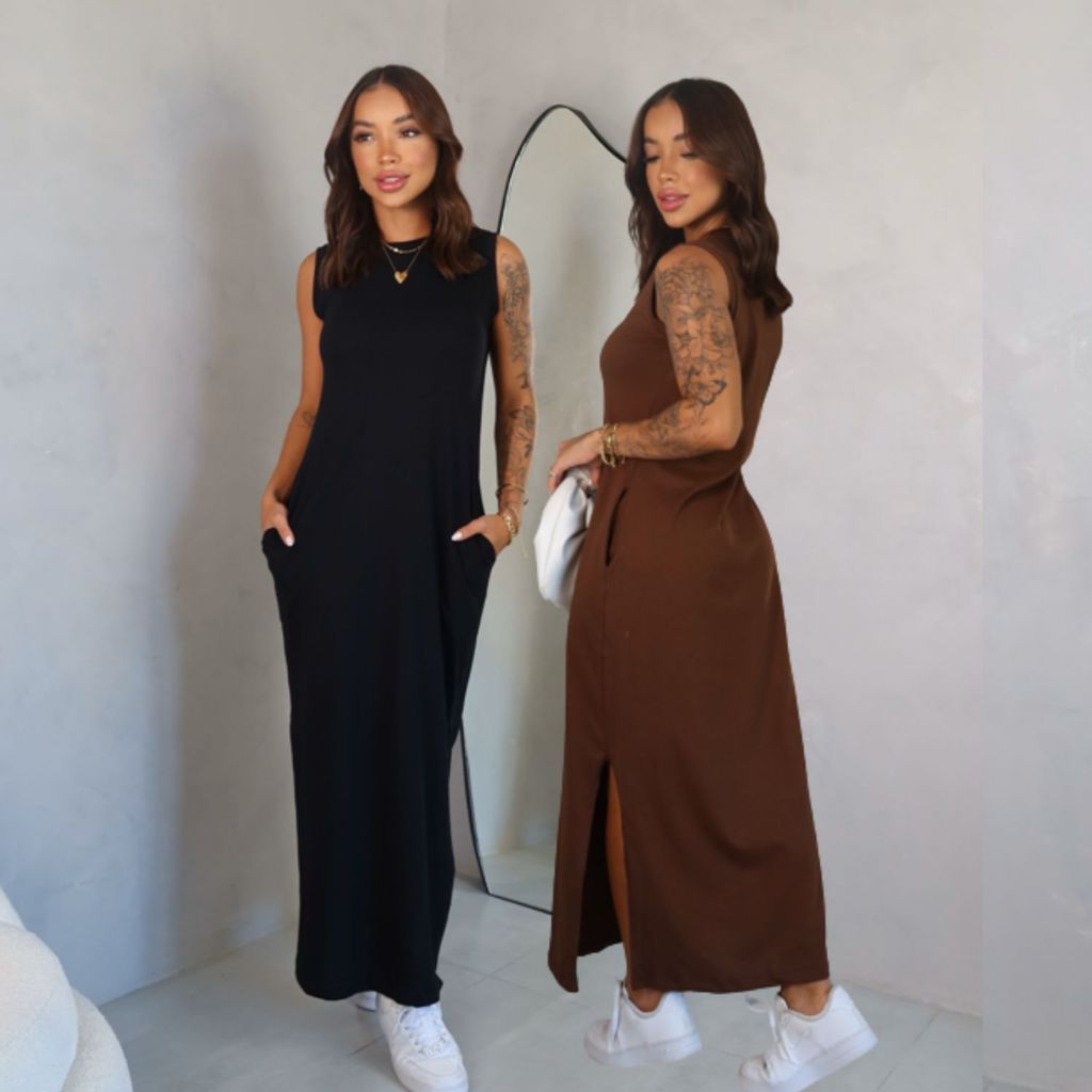 Vestido longo casual basico feminino Com Bolso e Fenda Laterais Cavado Algodão blogueira moda gringa