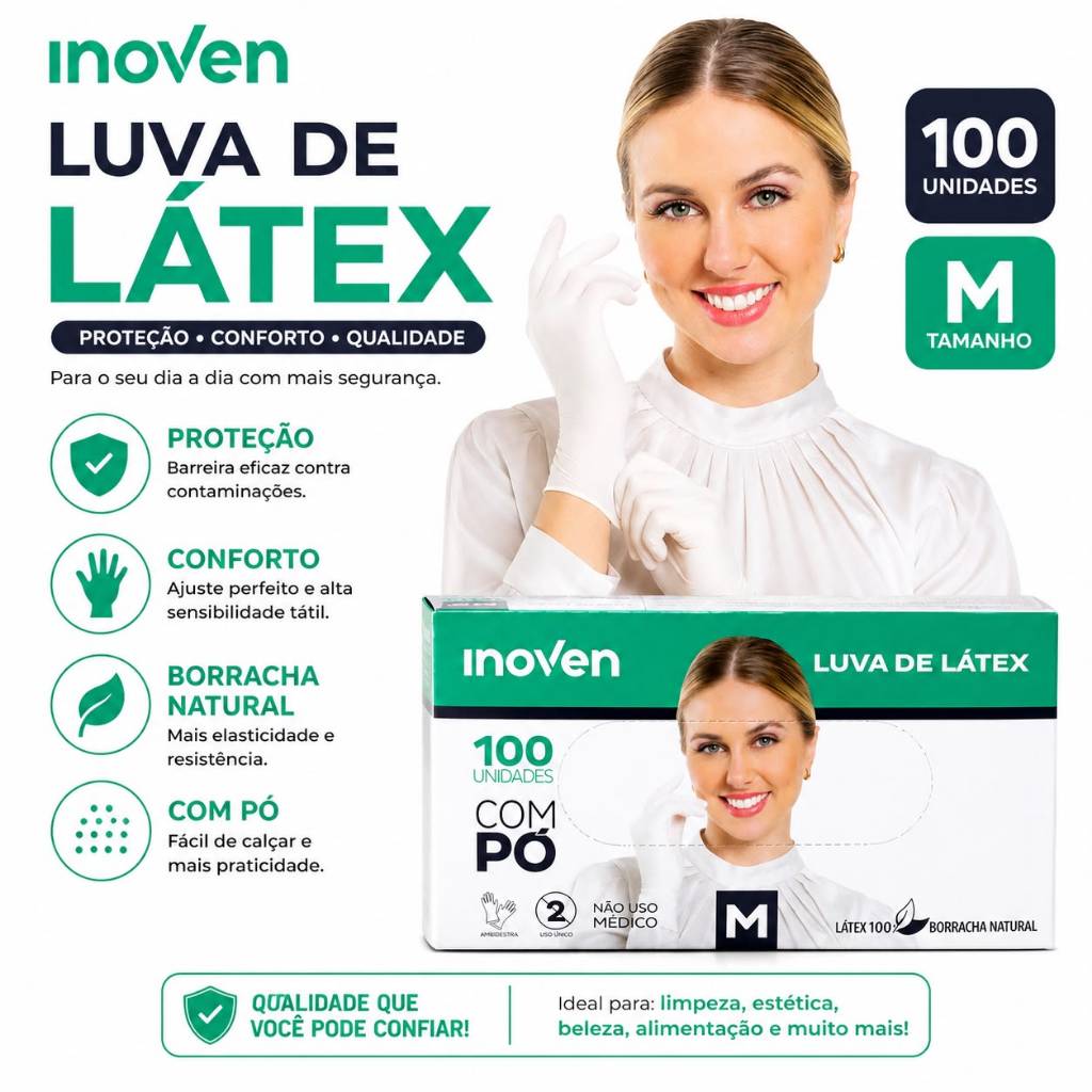 Luva Látex Inoven M Branca Com Pó 100 Unidades Descartável Para Limpeza Estética e Uso Profissional