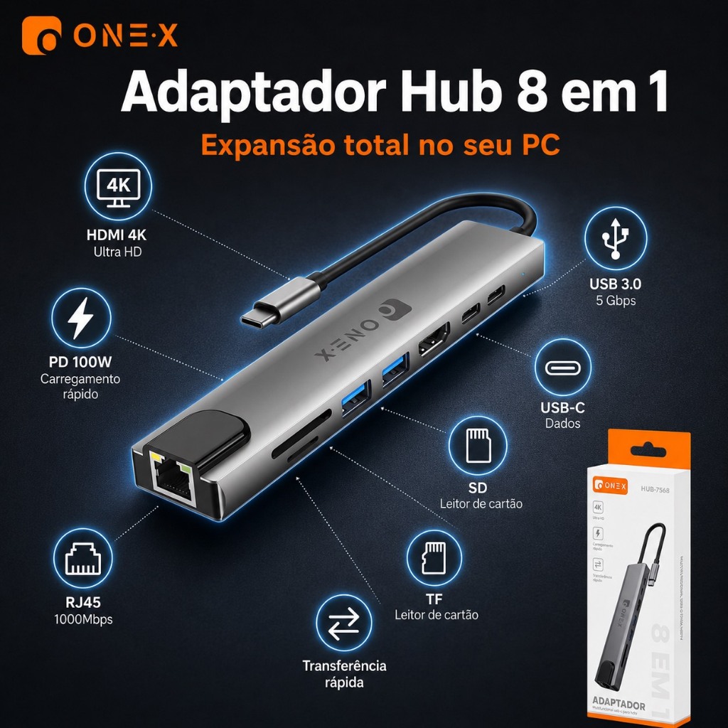 Hub Type-C 8 em 1 Multifuncional com 2x USB-C, 2x USB-A 3.0, HDMI 4K, SD/TF, RJ45 Gigabit, PD 100W para Notebook