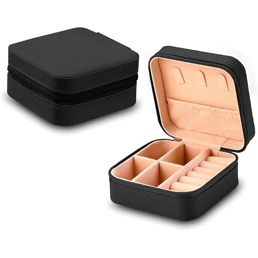 Porta Joias Compacto Portátil com Zíper Estojo Organizador de Joias para Viagem Anéis Colares e Brincos (Preto)