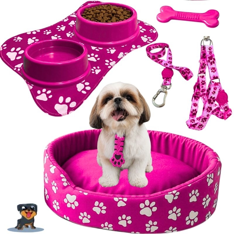 Kit Para Cachorro Super Luxuoso Pequeno Cama Pet Comedouro Para Cachorro
