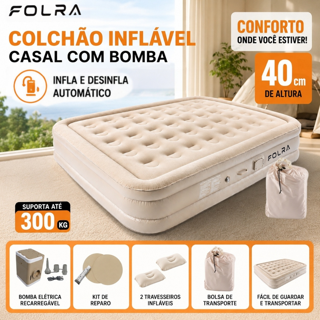 Colchão Inflável Casal Com Bomba Elétrica Embutida 200x150x40cm Cama Inflável Camping Com Travesseiros E Bolsa FOLRA