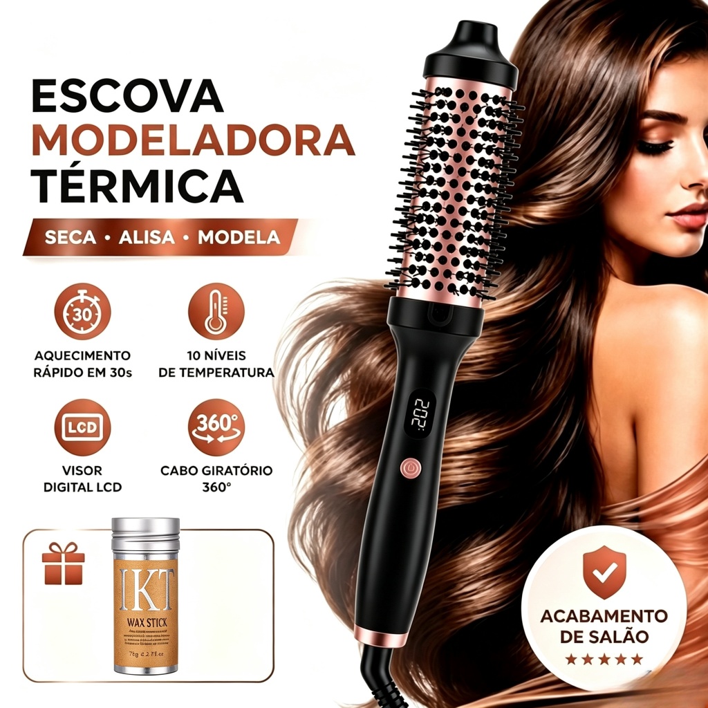 Escova Térmica 3 em 1 Prancha de cabelo profissional e Modelador de Cachos Bivolt com Íons 110–200°C