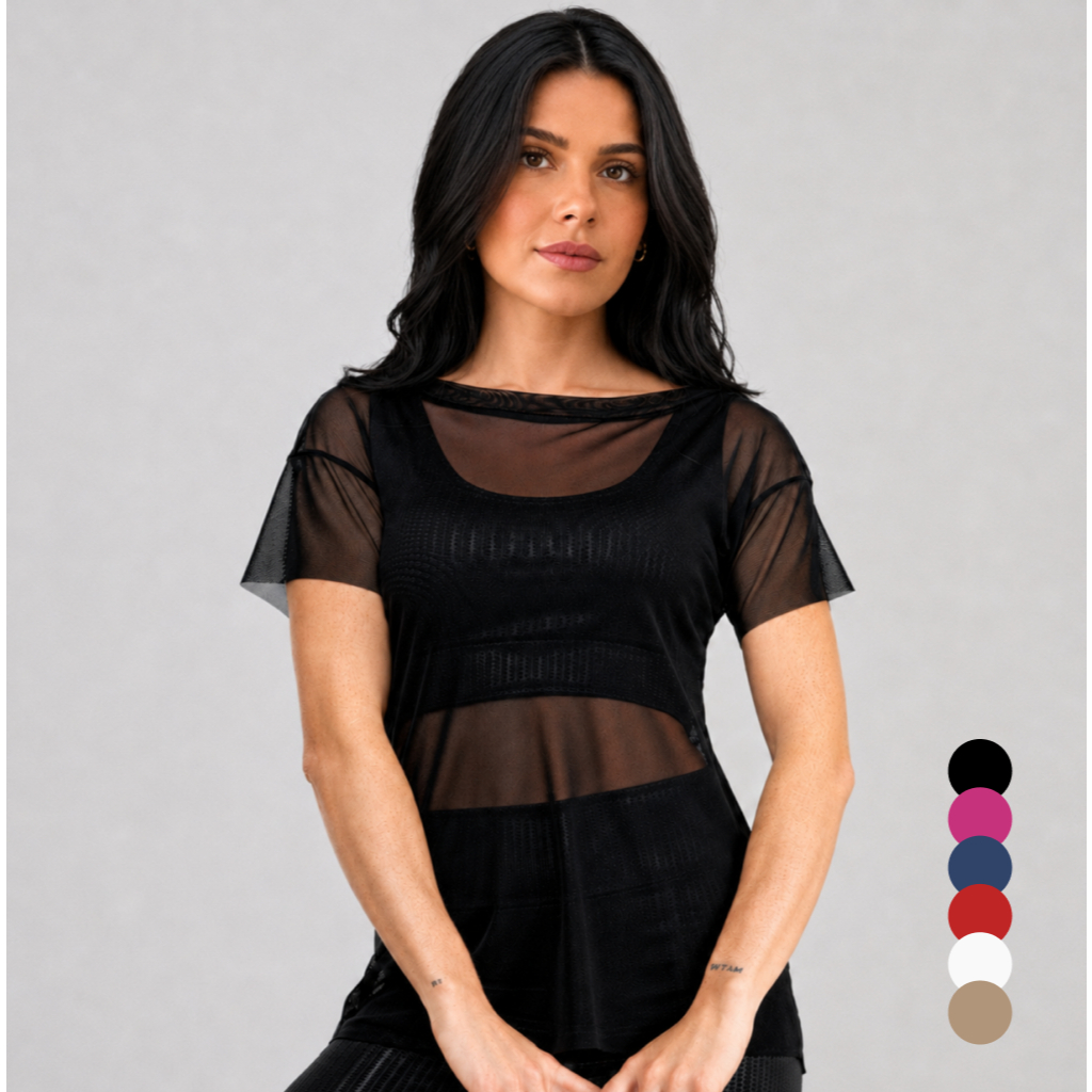 Blusa Feminina de Tule Transparente Manga Curta | Segunda Pele, Fitness e Verão